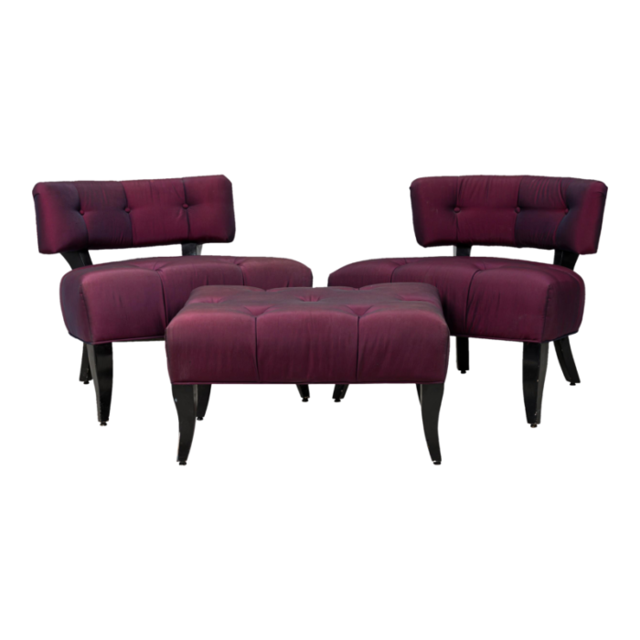 pair of billy haines mid century american purple upholstered slipper chairs and matching ottoman set of 3 3737