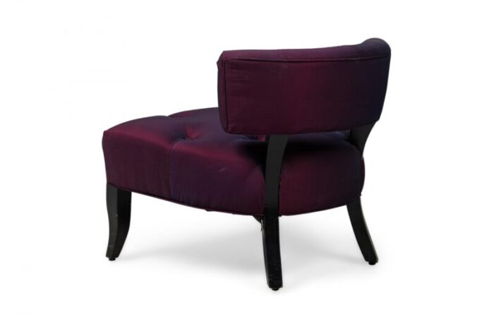 pair of billy haines mid century american purple upholstered slipper chairs and matching ottoman set of 3 4951