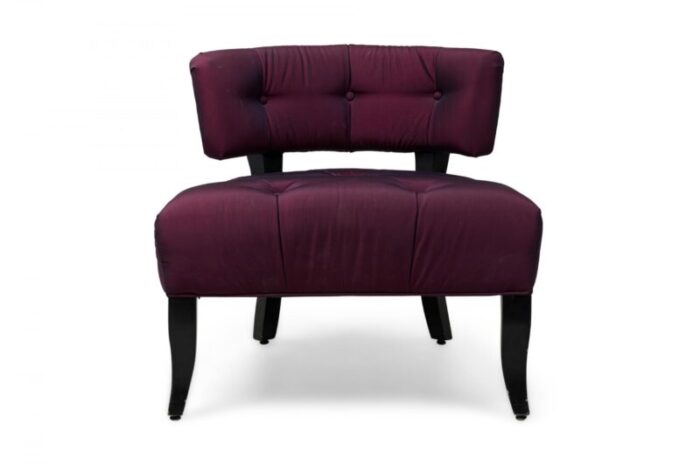 pair of billy haines mid century american purple upholstered slipper chairs and matching ottoman set of 3 5373