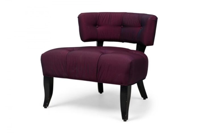 pair of billy haines mid century american purple upholstered slipper chairs and matching ottoman set of 3 7316