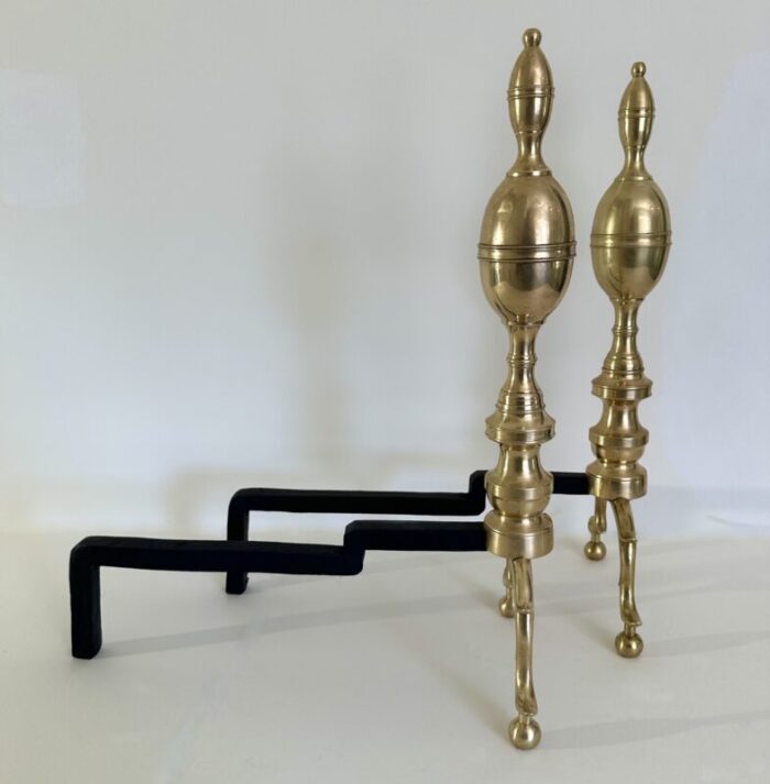 pair of early 19th century american federal period brass and iron hand wrought andirons 0712