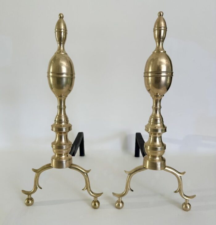 pair of early 19th century american federal period brass and iron hand wrought andirons 1497