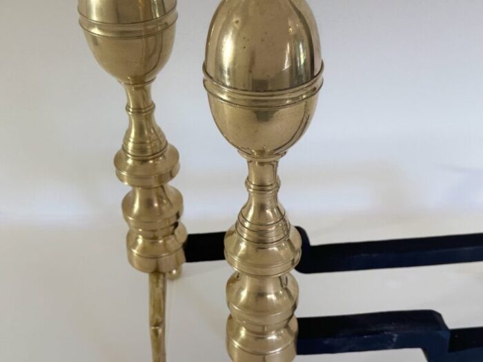 pair of early 19th century american federal period brass and iron hand wrought andirons 4553