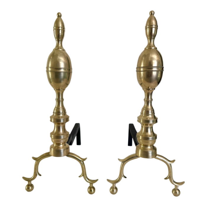 pair of early 19th century american federal period brass and iron hand wrought andirons 7252