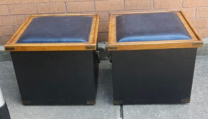 pair of partially ebonized storage ottomans and bookmatched top side tables 1418