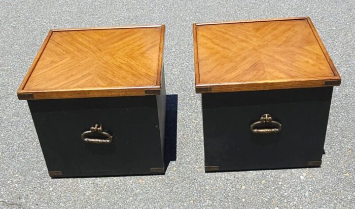 pair of partially ebonized storage ottomans and bookmatched top side tables 2059