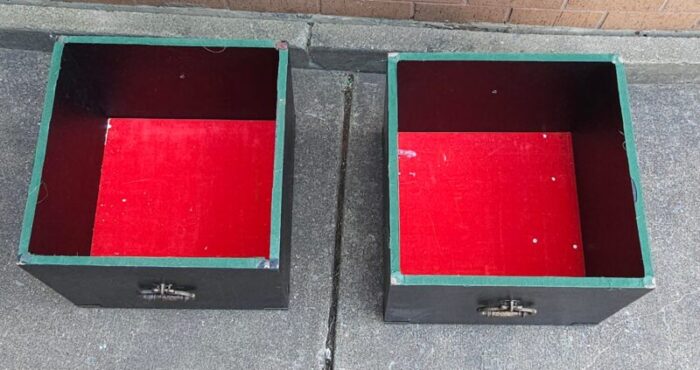 pair of partially ebonized storage ottomans and bookmatched top side tables 2103