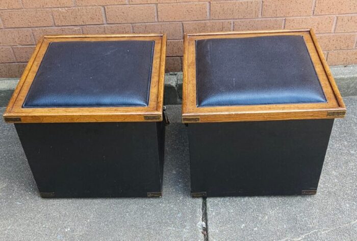 pair of partially ebonized storage ottomans and bookmatched top side tables 2565