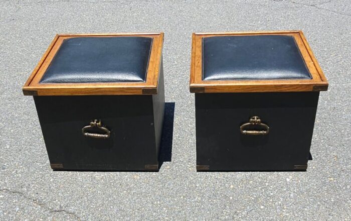 pair of partially ebonized storage ottomans and bookmatched top side tables 2795