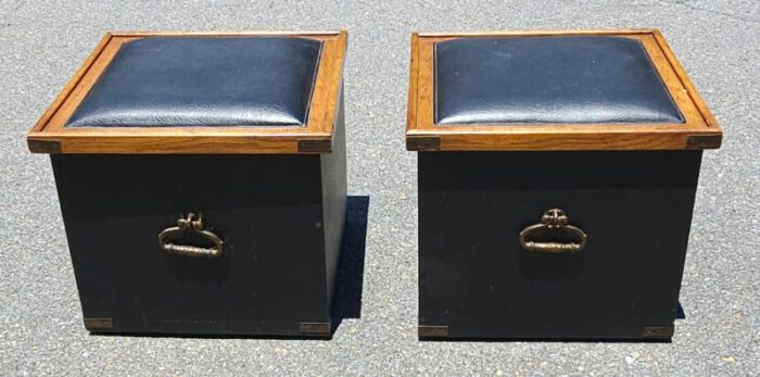 pair of partially ebonized storage ottomans and bookmatched top side tables 5097