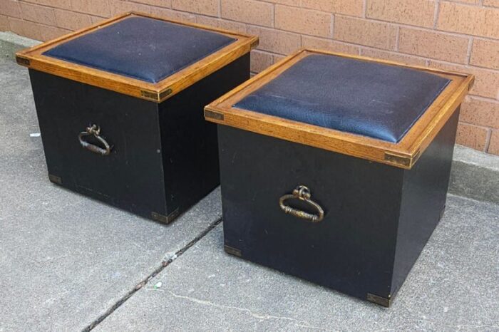 pair of partially ebonized storage ottomans and bookmatched top side tables 6772