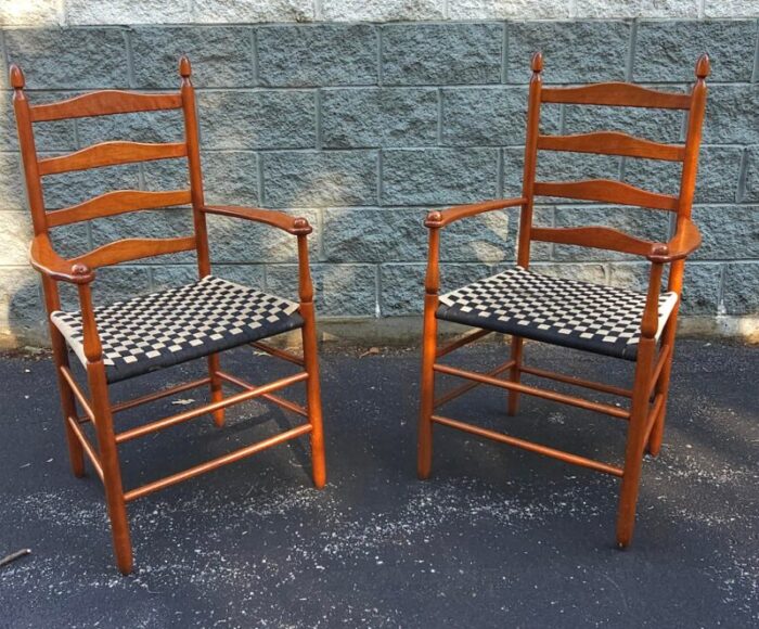 pair of shaker maple ladder slat straight back arm chairs 0129