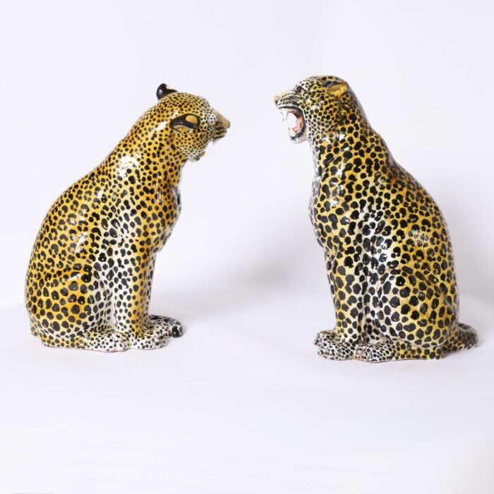 pair of vintage italian glazed terra cotta leopard or cat sculptures 2801