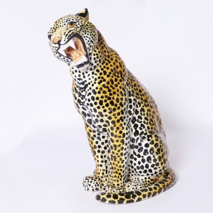 pair of vintage italian glazed terra cotta leopard or cat sculptures 4121