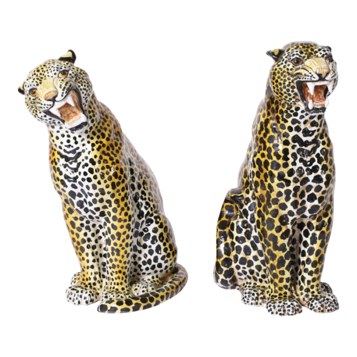 pair of vintage italian glazed terra cotta leopard or cat sculptures 4954