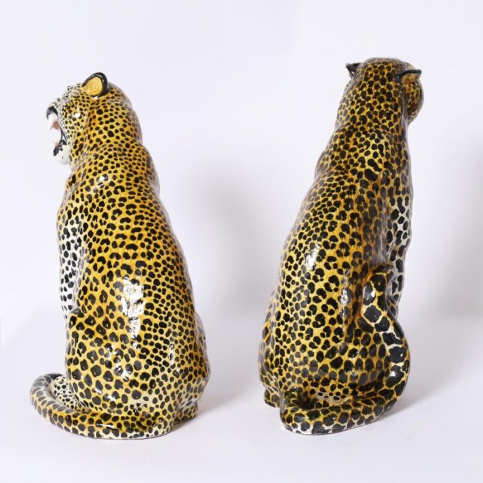 pair of vintage italian glazed terra cotta leopard or cat sculptures 5784