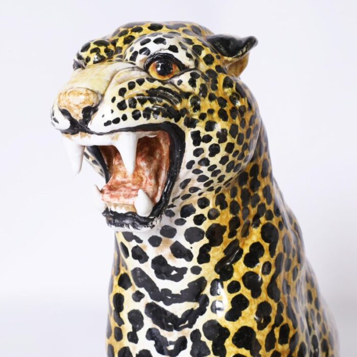 pair of vintage italian glazed terra cotta leopard or cat sculptures 9278