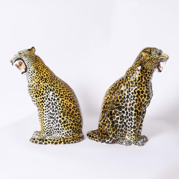 pair of vintage italian glazed terra cotta leopard or cat sculptures 9319