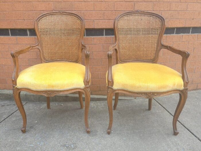 pair provincial style walnut cane back and velvet upholstered seat bergeres chairs 6918