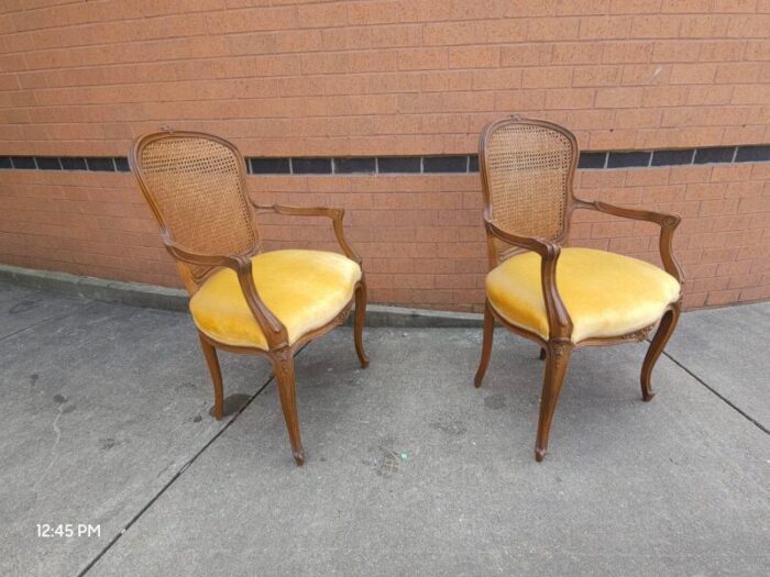 pair provincial style walnut cane back and velvet upholstered seat bergeres chairs 7821