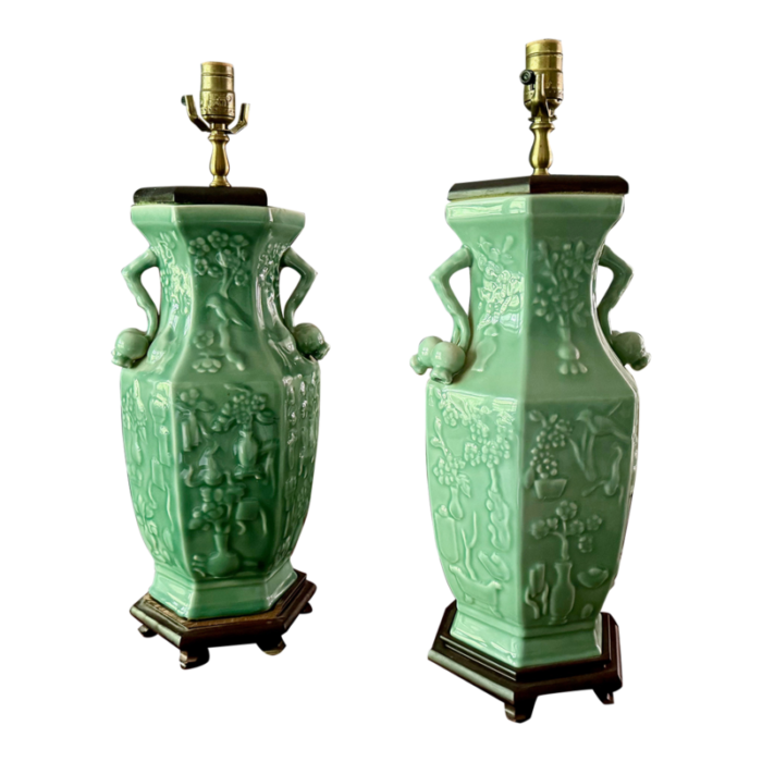 pair vintage chinoiserie table lamps in celadon with pomegranate handles 8129