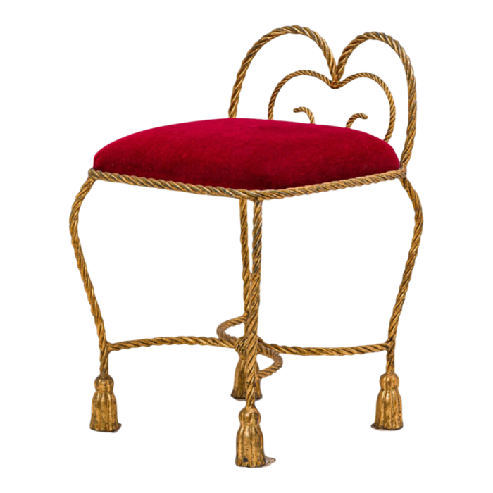 palladio italian mid century rope and tassel gilt iron and red upholstery vanity bench 9327