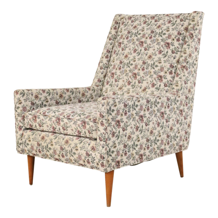 paul mccobb style mid century modern beige floral upholstered loungearmchair 8481