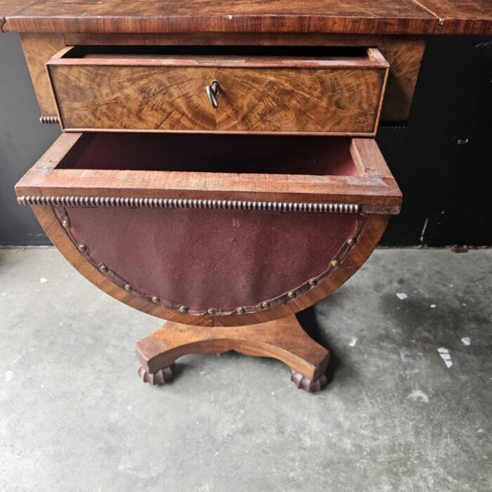 period federal carved drop leaf sewing stand with barrel drawer 1840s 1849