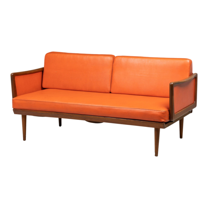 peter hvidt mid century danish expandable wood frame orange vinyl upholstered sleeper settee 2243