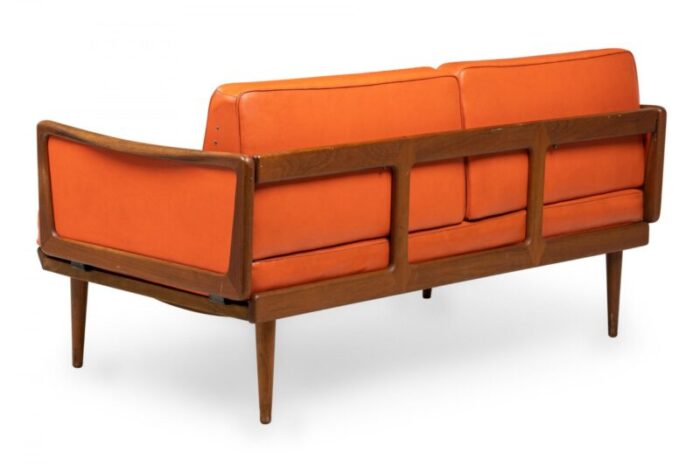 peter hvidt mid century danish expandable wood frame orange vinyl upholstered sleeper settee 2752