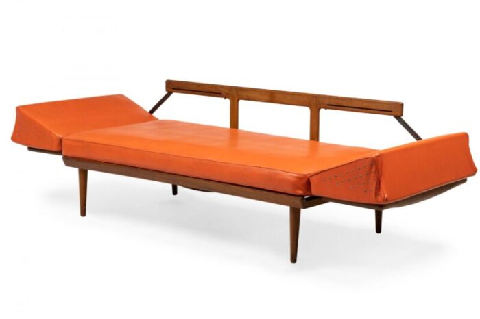 peter hvidt mid century danish expandable wood frame orange vinyl upholstered sleeper settee 5113