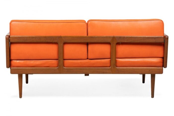 peter hvidt mid century danish expandable wood frame orange vinyl upholstered sleeper settee 7244