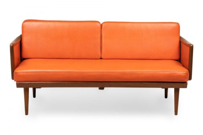 peter hvidt mid century danish expandable wood frame orange vinyl upholstered sleeper settee 7469