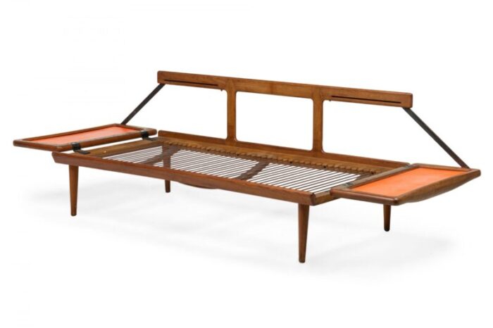 peter hvidt mid century danish expandable wood frame orange vinyl upholstered sleeper settee 8460