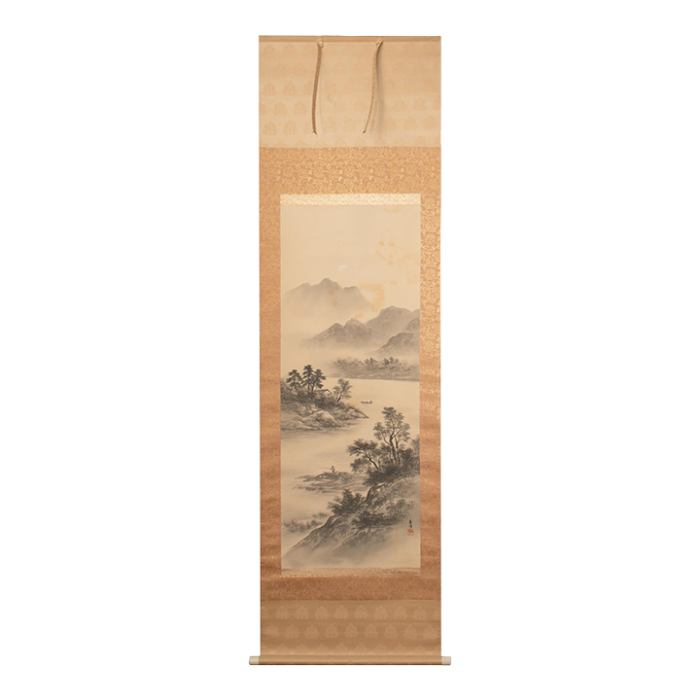 pre 1940 showa era japanese monochrome silk scroll watercolor painting landscape with river 1672