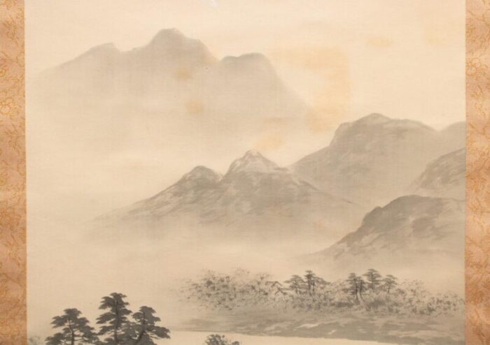 pre 1940 showa era japanese monochrome silk scroll watercolor painting landscape with river 6263