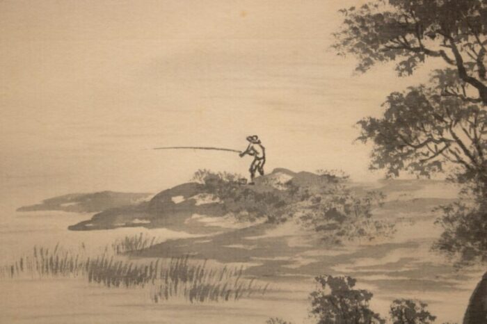 pre 1940 showa era japanese monochrome silk scroll watercolor painting landscape with river 7382