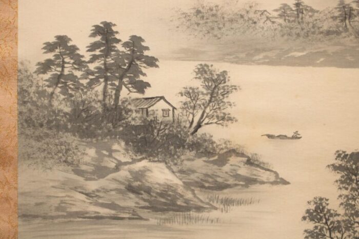 pre 1940 showa era japanese monochrome silk scroll watercolor painting landscape with river 9394