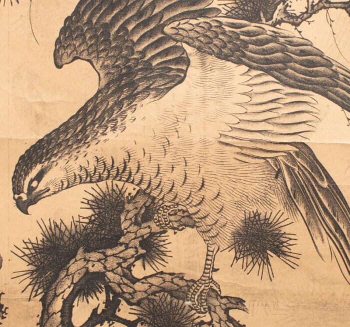 pre 1940 showa era japanese printed scroll pine tree and the hawk 6497