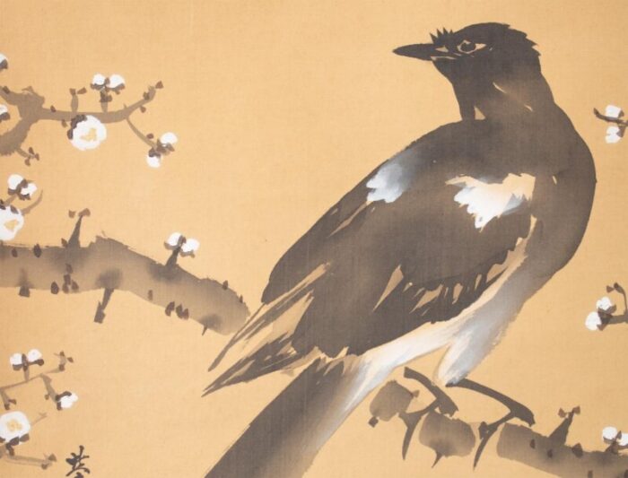 pre 1940 showa era japanese silk watercolor scroll painting the crow and the plum tree 0071