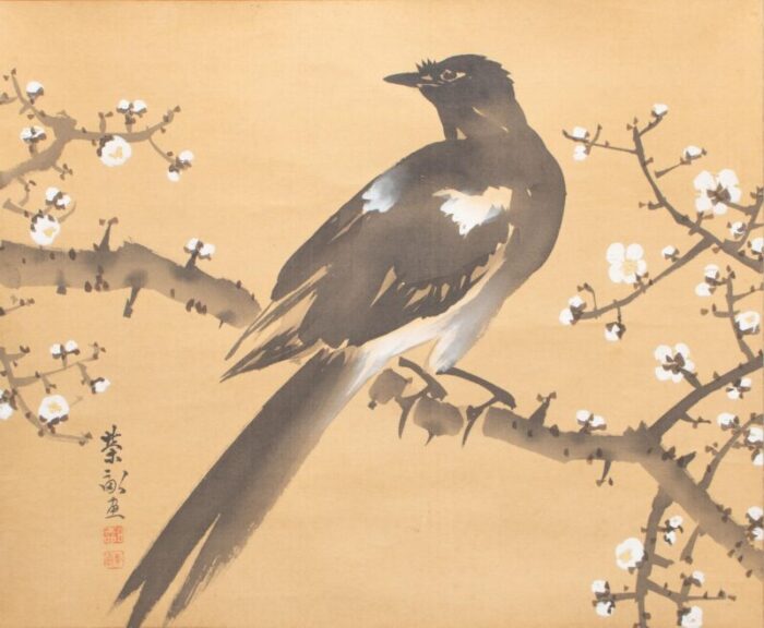 pre 1940 showa era japanese silk watercolor scroll painting the crow and the plum tree 7327