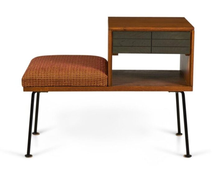 raymond loewy for mengel american mid century walnut iron and orange upholstery telephone bench 3368