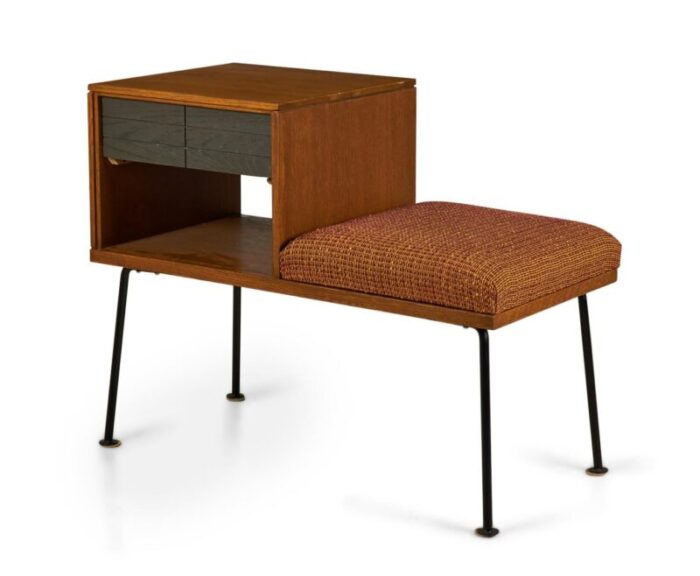 raymond loewy for mengel american mid century walnut iron and orange upholstery telephone bench 5200