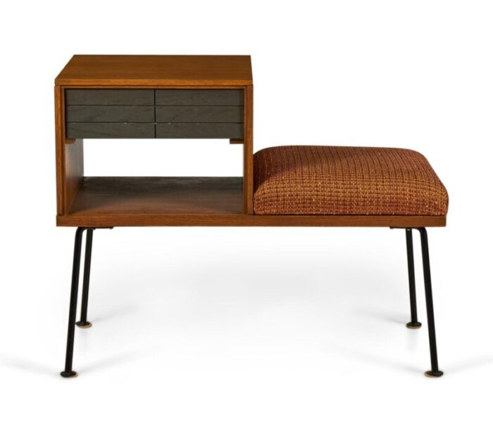 raymond loewy for mengel american mid century walnut iron and orange upholstery telephone bench 8164