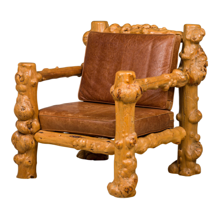 rustic blond root wood and embossed leather throne armchair 3248