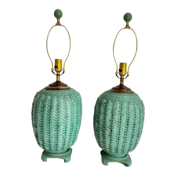 sage green wicker lamps a pair 2113