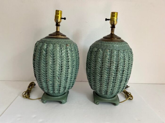 sage green wicker lamps a pair 5141