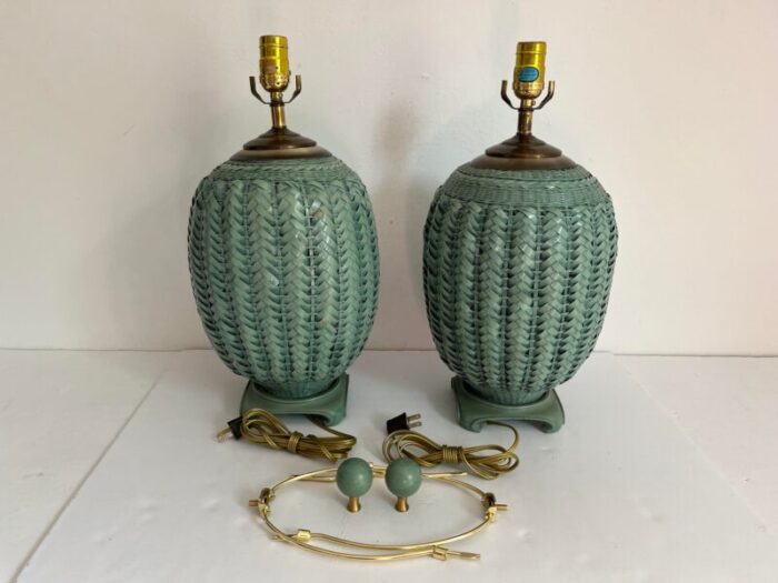 sage green wicker lamps a pair 5505