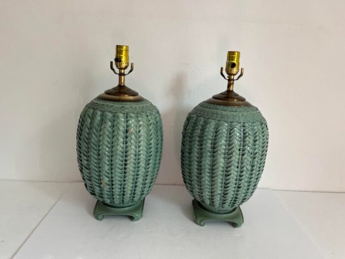 sage green wicker lamps a pair 5698