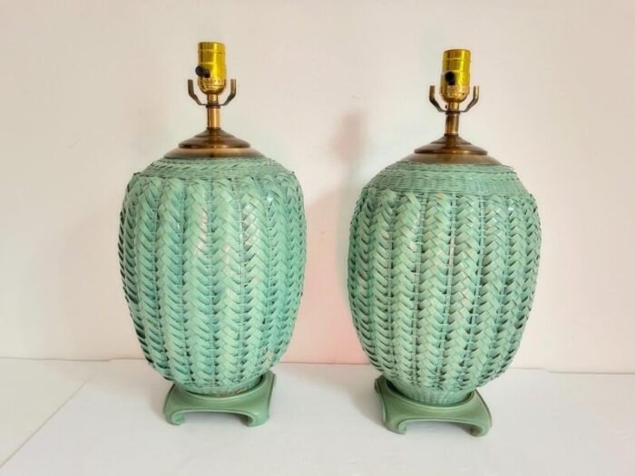 sage green wicker lamps a pair 6356